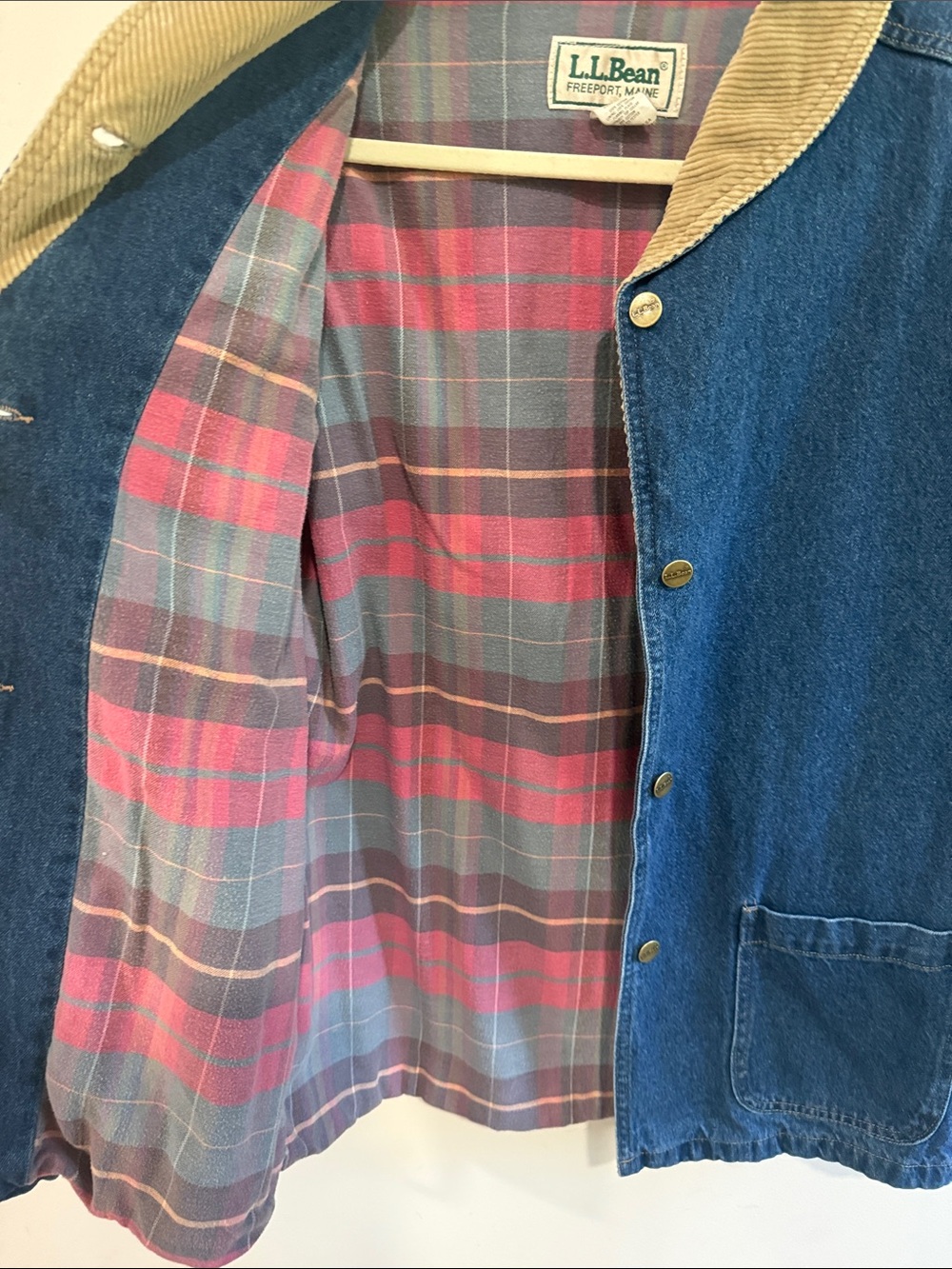 L.L. Bean Blue Denim Jacket with Tan Corduroy Collar and Pink Plaid Lining - Picture 2 of 10